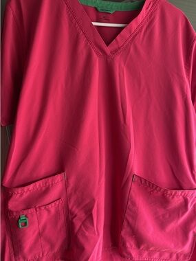 Carhartt V-Neck Scrub Top in Hot Pink with Green Trim